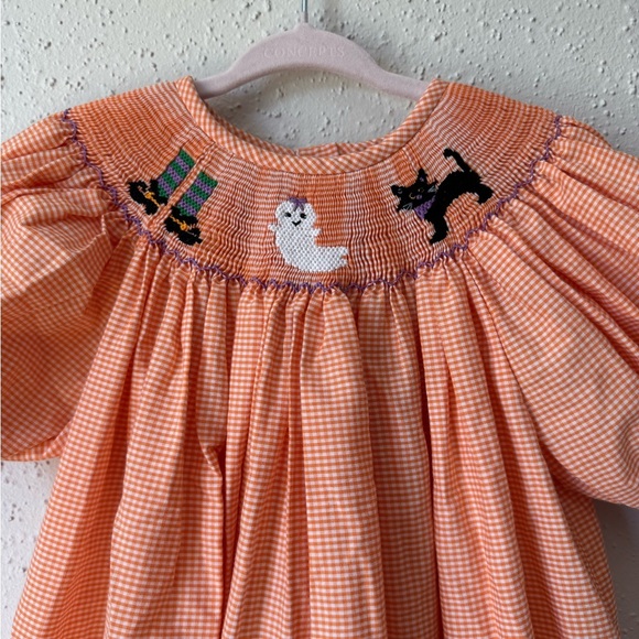 Southern Sunshine Other - Southern Sunshine Girl 4T Halloween Smocked Dress Orange Gingham Cat Witch Ghost